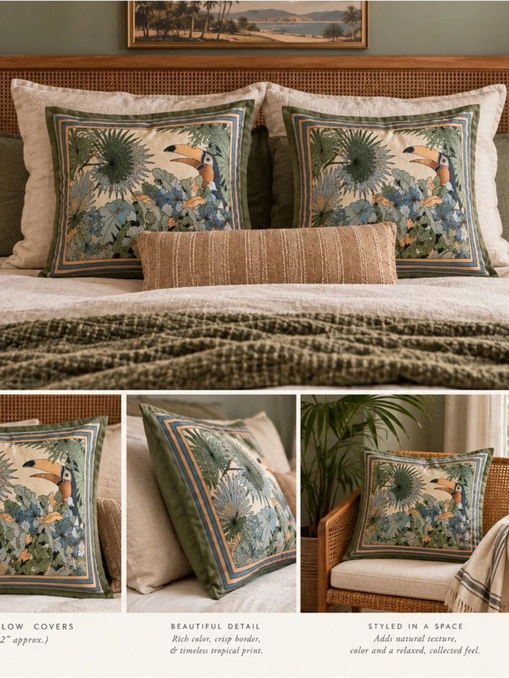 Vintage Jim Thompson 100% SilkTropical Toucan Print 15x15 Pillow Covers (2!)
